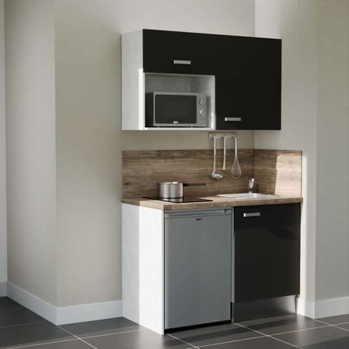 Kitchenette K07l-pt - 120 Cm-façade Noir-plan Bois-evier Inox-crédences Oui+electro Inox