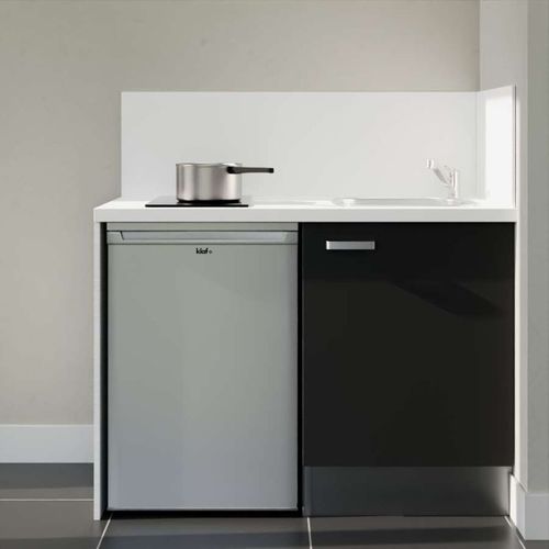 Kitchenette K08l-pt - 120 Cm-façade Noir-plan Blanc-evier Inox-crédences Oui+electro Inox