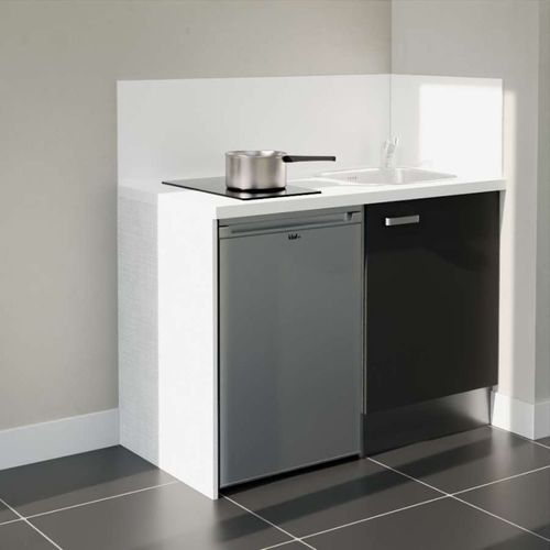 Kitchenette K08l-pt - 120 Cm-façade Noir-plan Blanc-evier Inox-crédences Oui+electro Inox