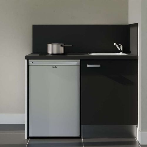 Kitchenette K08l-pt - 120 Cm-façade Noir-plan Noir Texturé-evier Inox-crédences Oui+electro Inox