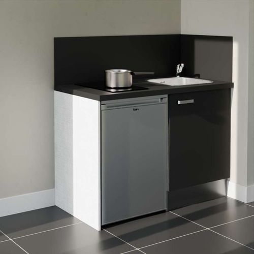 Kitchenette K08l-pt - 120 Cm-façade Noir-plan Noir Texturé-evier Inox-crédences Oui+electro Inox