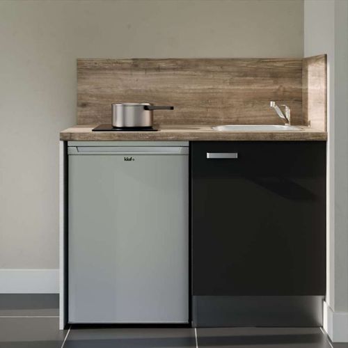 Kitchenette K08l-pt - 120 Cm-façade Noir-plan Bois-evier Inox-crédences Oui+electro Inox