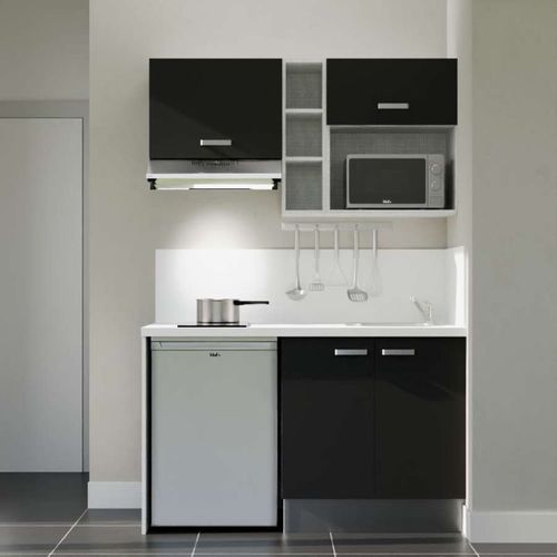 Kitchenette K13l-pt - 140 Cm-façade Noir-plan Blanc-evier Inox-crédences Oui+electro Inox