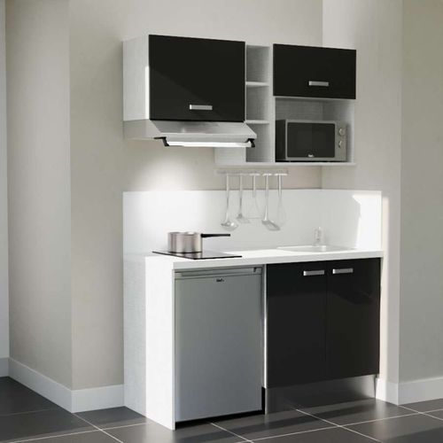 Kitchenette K13l-pt - 140 Cm-façade Noir-plan Blanc-evier Inox-crédences Oui+electro Inox