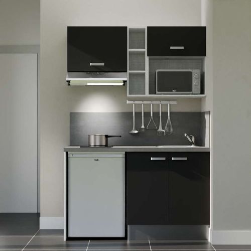 Kitchenette K13l-pt - 140 Cm-façade Noir-plan Gris Béton-evier Inox-crédences Oui+electro Inox