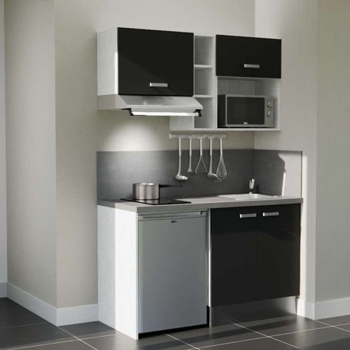 Kitchenette K13l-pt - 140 Cm-façade Noir-plan Gris Béton-evier Inox-crédences Oui+electro Inox
