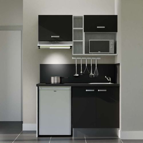 Kitchenette K13l-pt - 140 Cm-façade Noir-plan Noir Texturé-evier Inox-crédences Oui+electro Inox