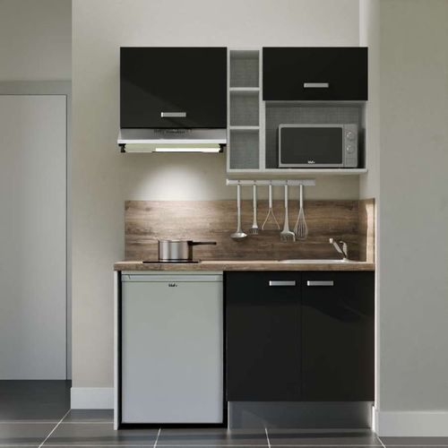 Kitchenette K13l-pt - 140 Cm-façade Noir-plan Bois-evier Inox-crédences Oui+electro Inox