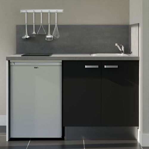 Kitchenette K17l-pt - 140 Cm-façade Noir-plan Gris Béton-evier Inox-crédences Oui+electro Inox