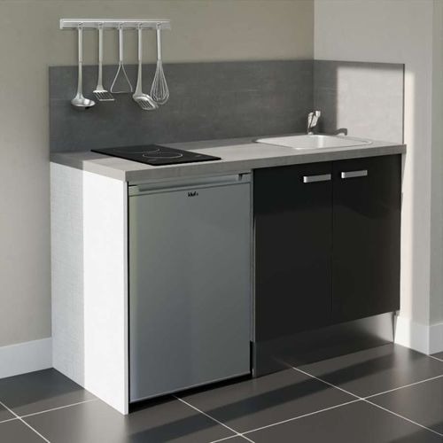 Kitchenette K17l-pt - 140 Cm-façade Noir-plan Gris Béton-evier Inox-crédences Oui+electro Inox