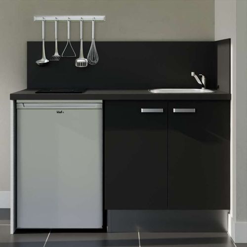 Kitchenette K17l-pt - 140 Cm-façade Noir-plan Noir Texturé-evier Inox-crédences Oui+electro Inox