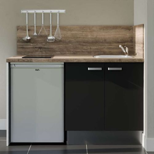 Kitchenette K17l-pt - 140 Cm-façade Noir-plan Bois-evier Inox-crédences Oui+electro Inox