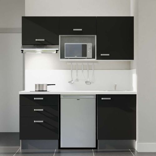 Kitchenette K20l-pt - 180 Cm-façade Noir-plan Blanc-evier Inox-crédences Oui+electro Inox