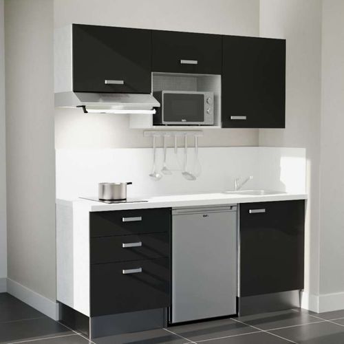 Kitchenette K20l-pt - 180 Cm-façade Noir-plan Blanc-evier Inox-crédences Oui+electro Inox