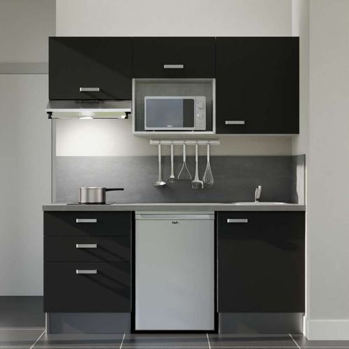 Kitchenette K20l-pt - 180 Cm-façade Noir-plan Gris Béton-evier Inox-crédences Oui+electro Inox
