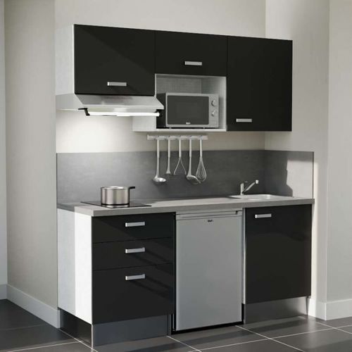 Kitchenette K20l-pt - 180 Cm-façade Noir-plan Gris Béton-evier Inox-crédences Oui+electro Inox