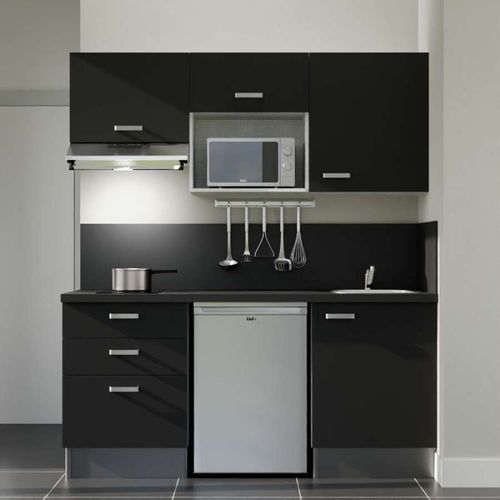 Kitchenette K20l-pt - 180 Cm-façade Noir-plan Noir Texturé-evier Inox-crédences Oui+electro Inox