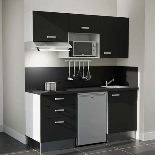 Kitchenette K20l-pt - 180 Cm-façade Noir-plan Noir Texturé-evier Inox-crédences Oui+electro Inox