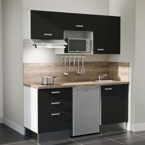 Kitchenette K20l-pt - 180 Cm-façade Noir-plan Bois-evier Inox-crédences Oui+electro Inox