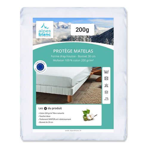 Protège Matelas 80x200 Molleton Coton 200g Bonnet 30cm
