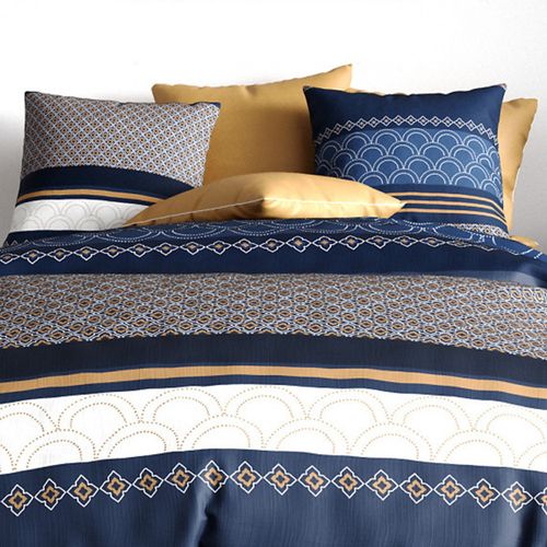 Parure De Lit Kalypso Bleue, Blanc Et Ocre - Housse De Couette 220x240 Cm + 2 Taies 100% Coton 57