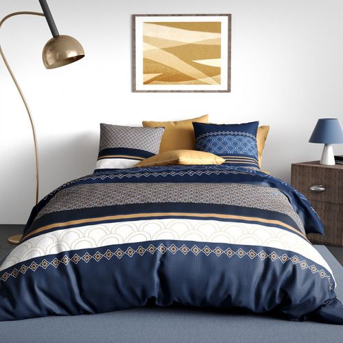 Parure De Lit Kalypso Bleue, Blanc Et Ocre - Housse De Couette 220x240 Cm + 2 Taies 100% Coton 57