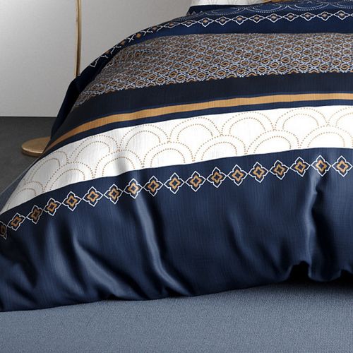 Housse De Couette 260x240 Cm Kalypso 100% Coton 57 Fils - Parure De Lit Lignes Graphiques Bleues Et