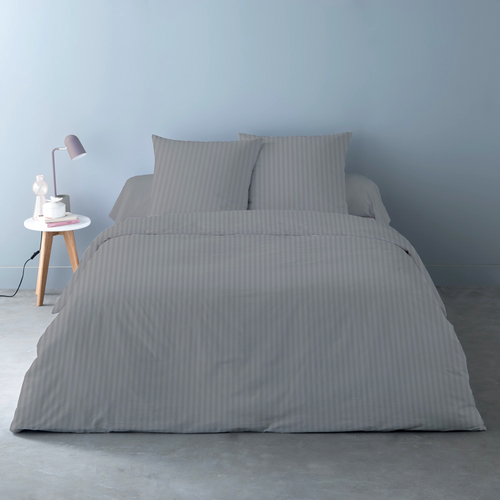 Housses De Couette 260x240 Unies Rayées + 2 Taies Pur Satin De Coton