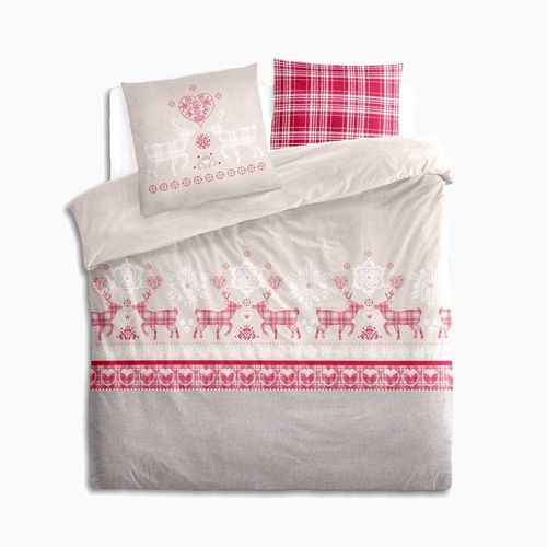 Housse De Couette Esprit Chalet Vanoise Rouge + 2 Taies 65x65 Cm – 100% Coton 57 Fils/cm² Doux Et