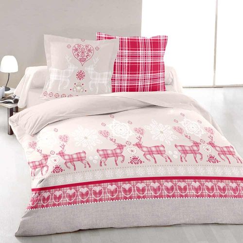 Housse De Couette Esprit Chalet Vanoise Rouge + 2 Taies 65x65 Cm – 100% Coton 57 Fils/cm² Doux Et