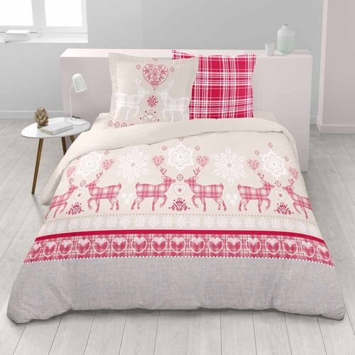 Housse De Couette Esprit Chalet Vanoise Rouge + 2 Taies 65x65 Cm – 100% Coton 57 Fils/cm² Doux Et