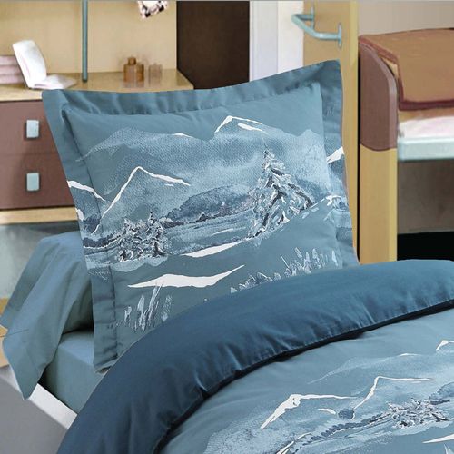 Housse De Couette 140x200 Bleue + Taie Esprit Montagne Pur Coton - Nuit Des Alpes
