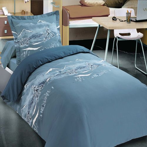 Housse De Couette 140x200 Bleue + Taie Esprit Montagne Pur Coton - Nuit Des Alpes