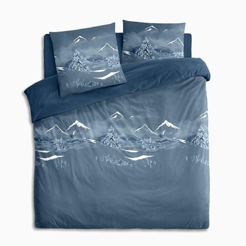 Housse De Couette 240x220 Bleue + Taies Esprit Montagne Pur Coton - Nuit Des Alpes