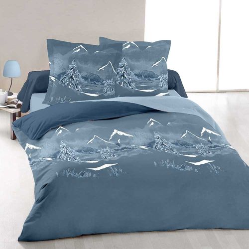 Housse De Couette 240x220 Bleue + Taies Esprit Montagne Pur Coton - Nuit Des Alpes