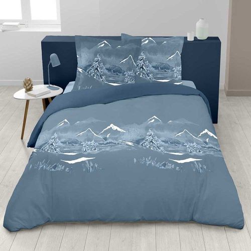 Housse De Couette 240x220 Bleue + Taies Esprit Montagne Pur Coton - Nuit Des Alpes