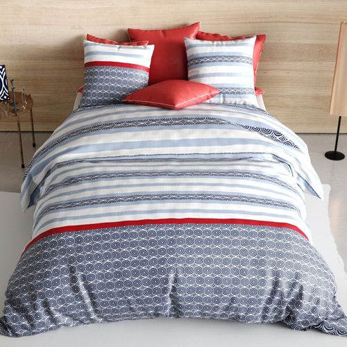 Housse De Couette 220x240 Cm Santorini + Taies 100% Coton 57 Fils - Style Maritime Bleu Marine Et