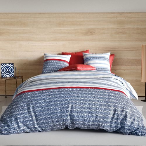 Housse De Couette 220x240 Cm Santorini + Taies 100% Coton 57 Fils - Style Maritime Bleu Marine Et