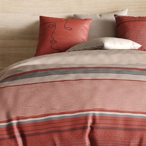 Housse De Couette Hana 100% Coton Percale 71 Fils + 2 Taies - Rayures Terracotta Et Sable - Style