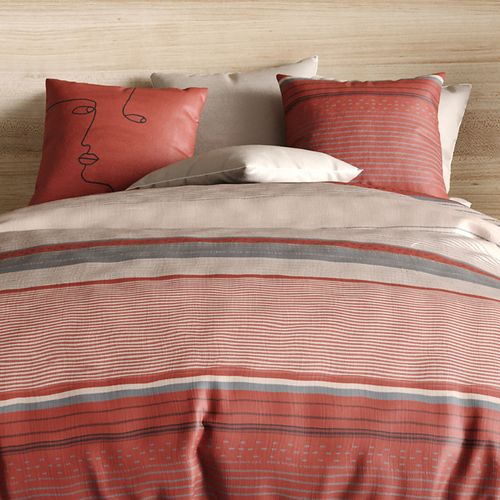 Housse De Couette Hana 100% Coton Percale 71 Fils + 2 Taies - Rayures Terracotta Et Sable - Style
