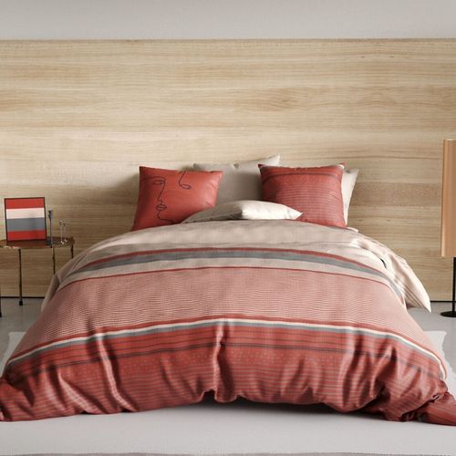 Housse De Couette Hana 100% Coton Percale 71 Fils + 2 Taies - Rayures Terracotta Et Sable - Style