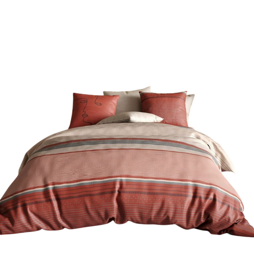 Housse De Couette Hana 100% Coton Percale 71 Fils + 2 Taies - Rayures Terracotta Et Sable - Style