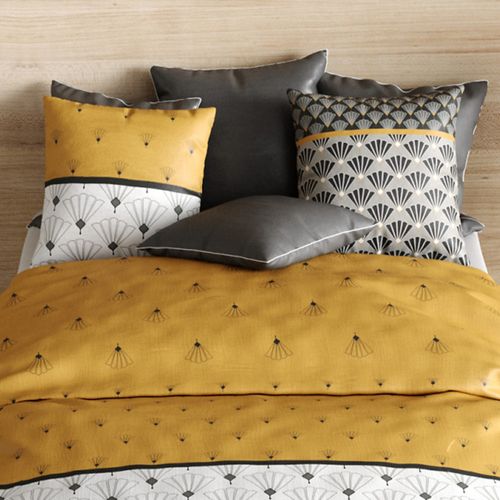 Housse De Couette 220x240 Cm Léo + Taies - Design Art Déco Jaune Moutarde Et Gris -100% Coton -