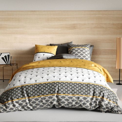 Housse De Couette 220x240 Cm Léo + Taies - Design Art Déco Jaune Moutarde Et Gris -100% Coton -