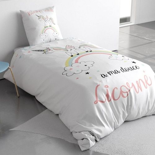 Housse De Couette Majesty Motifs Licorne Et Arc-en-ciel 140x200 Cm + Taie 100% Coton