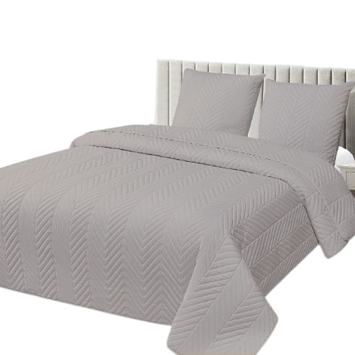 Couvre Lit Gris 240x260 Cm Avec Broderies Géométriques + 2 Taies 65x65 Cm - Boutis Grande Dimension,