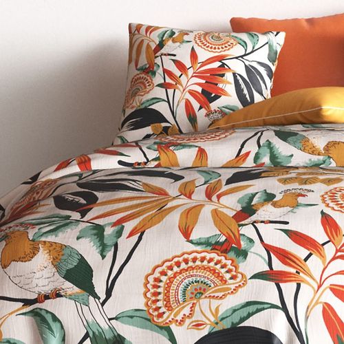 Housse De Couette 260x240 Cm Ninon - Motifs Orangés Jungle Et Oiseaux Exotiques - 100% Coton 57 Fil