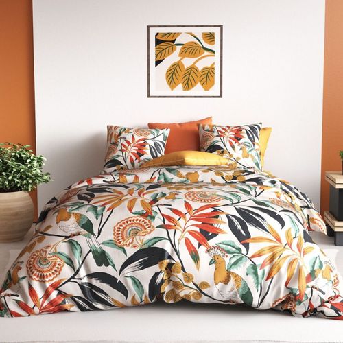 Housse De Couette 260x240 Cm Ninon - Motifs Orangés Jungle Et Oiseaux Exotiques - 100% Coton 57 Fil