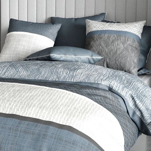 Housse De Couette 220x240 Cm Bréhat 100% Coton 57 Fils - Parure De Lit Lignes Grises Et Bleues Avec