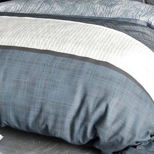 Housse De Couette 220x240 Cm Bréhat 100% Coton 57 Fils - Parure De Lit Lignes Grises Et Bleues Avec